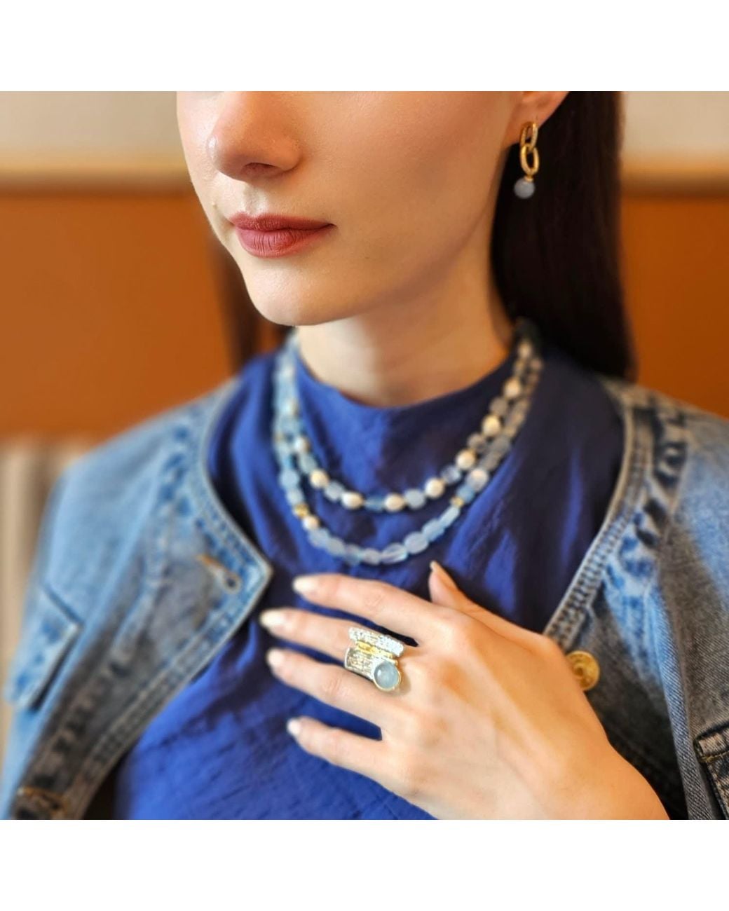 Farra Blue Free Style Irregular Freshwater Pearls With Aquamarine Short Necklace