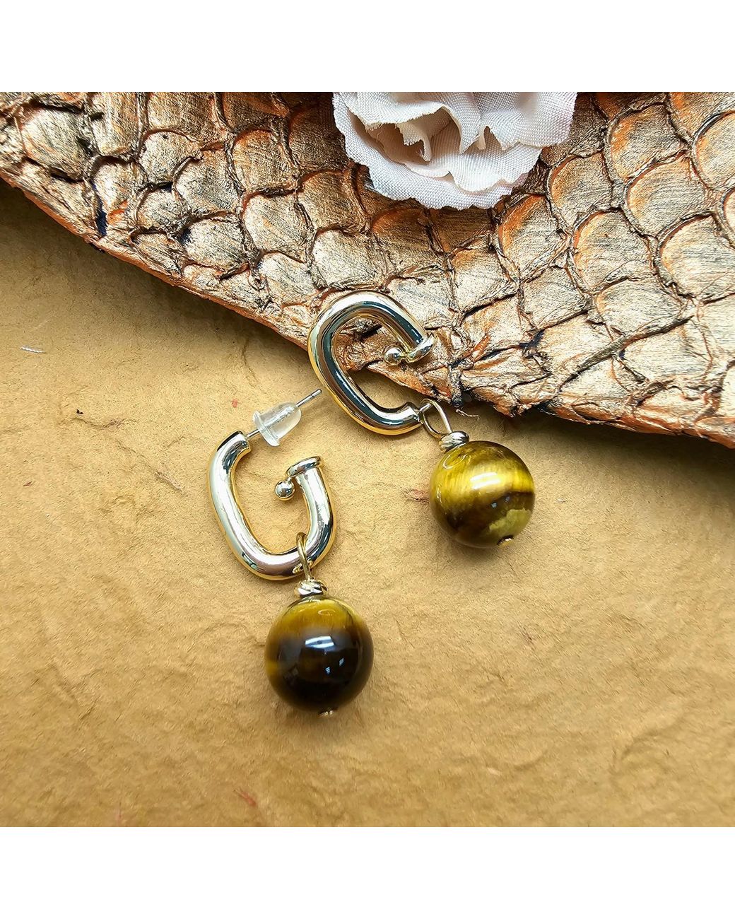 Farra Metallic Tiger-Eye Stone Dangle Modern Hoop Earrings