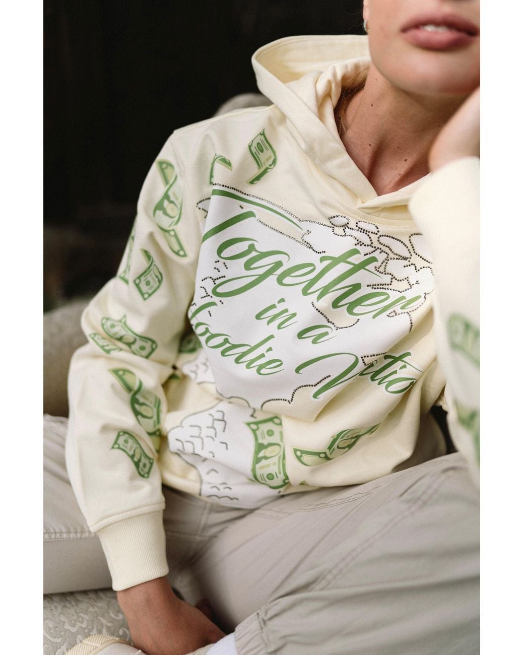 Miracles Manifester Gray Neutrals Manifestation Embroidered Hoodie With Rhinestone Design