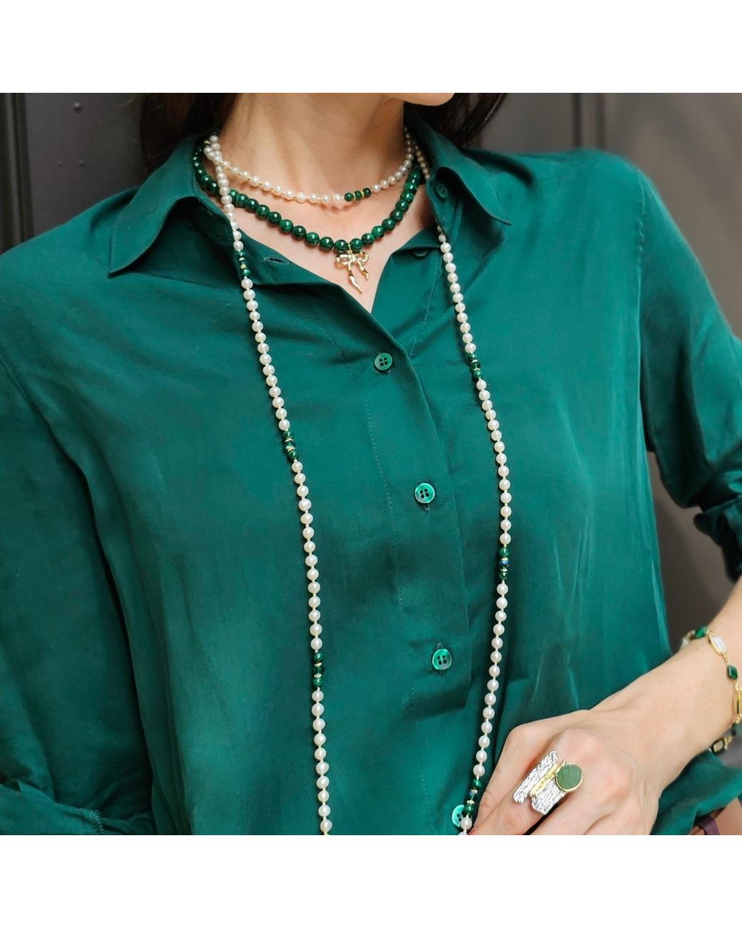 Farra White Malachite With Freshwater Pearls Versatile Long Necklace