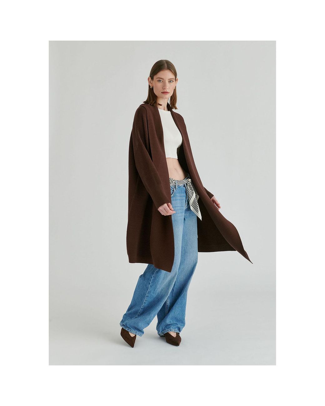 Paisie Brown Draped Collar Ribbed Cardigan