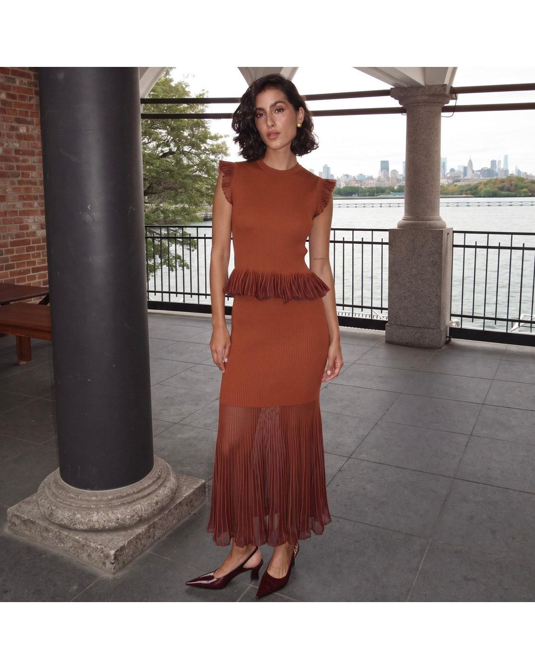 Modenaire Red Ribbed Peplum Top Sheer Hem Midi Skirt Set