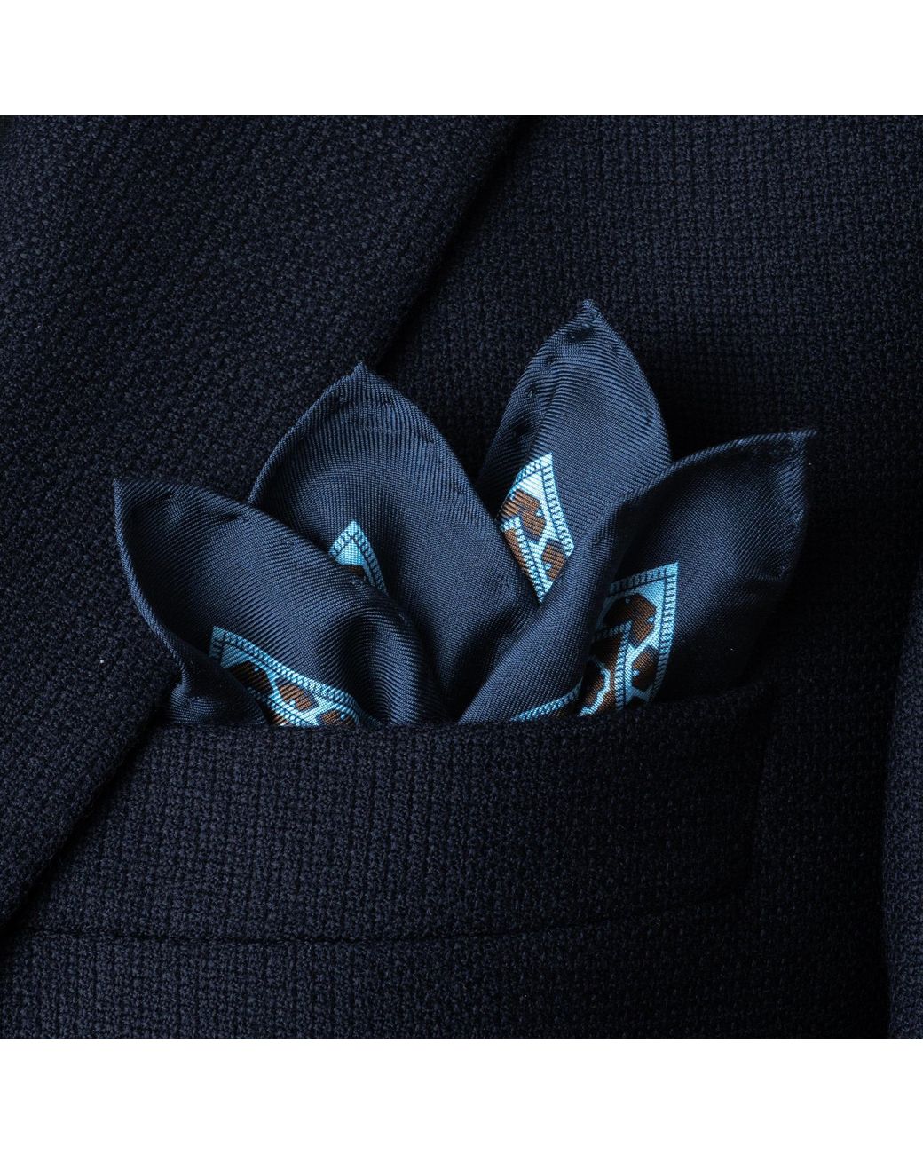 Otway & Orford Blue 'Arabesque' Tile Design Silk Pocket Square for men