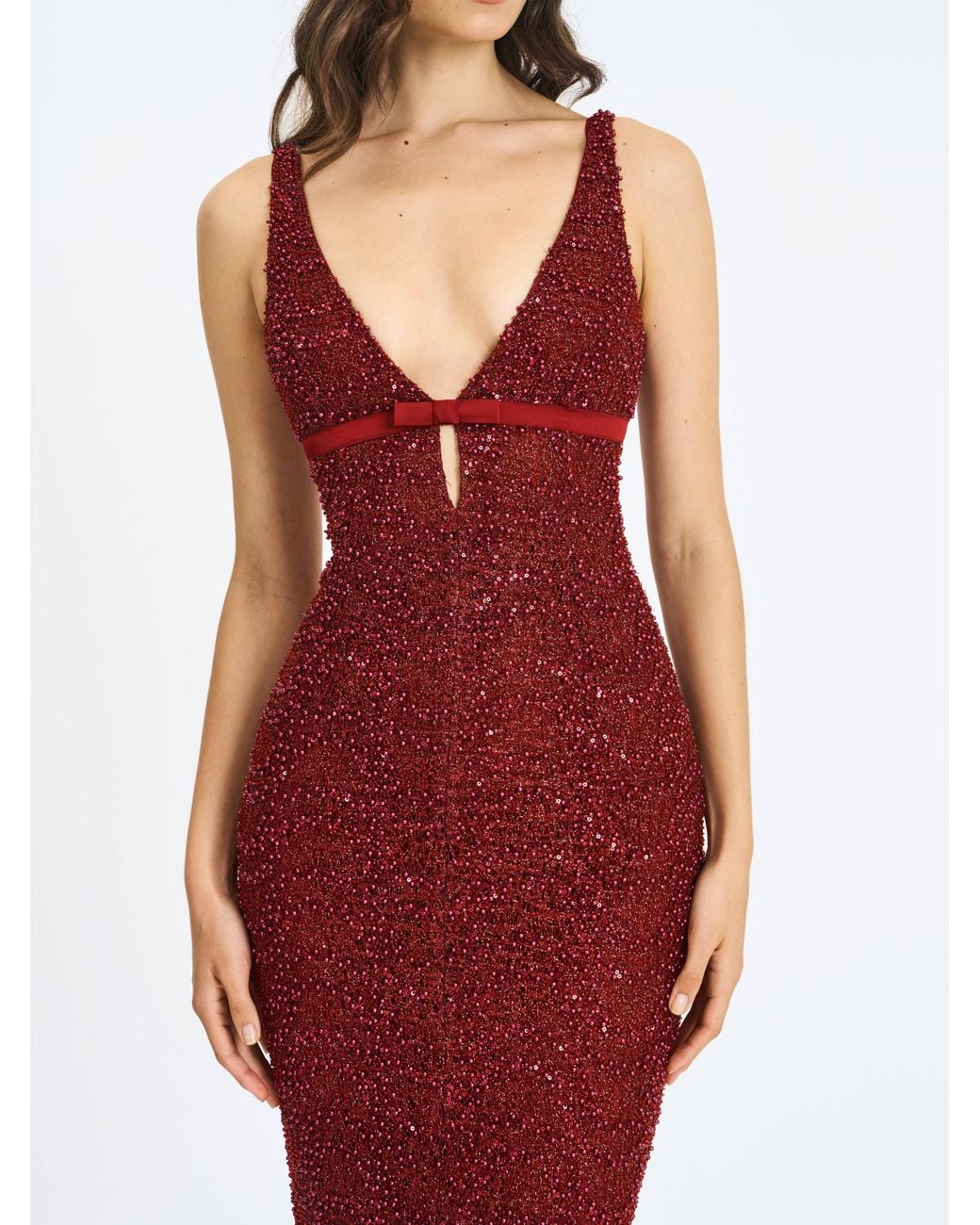 Miss Circle New York Red Elora Crimson Sequin Beaded Keyhole Maxi Dress