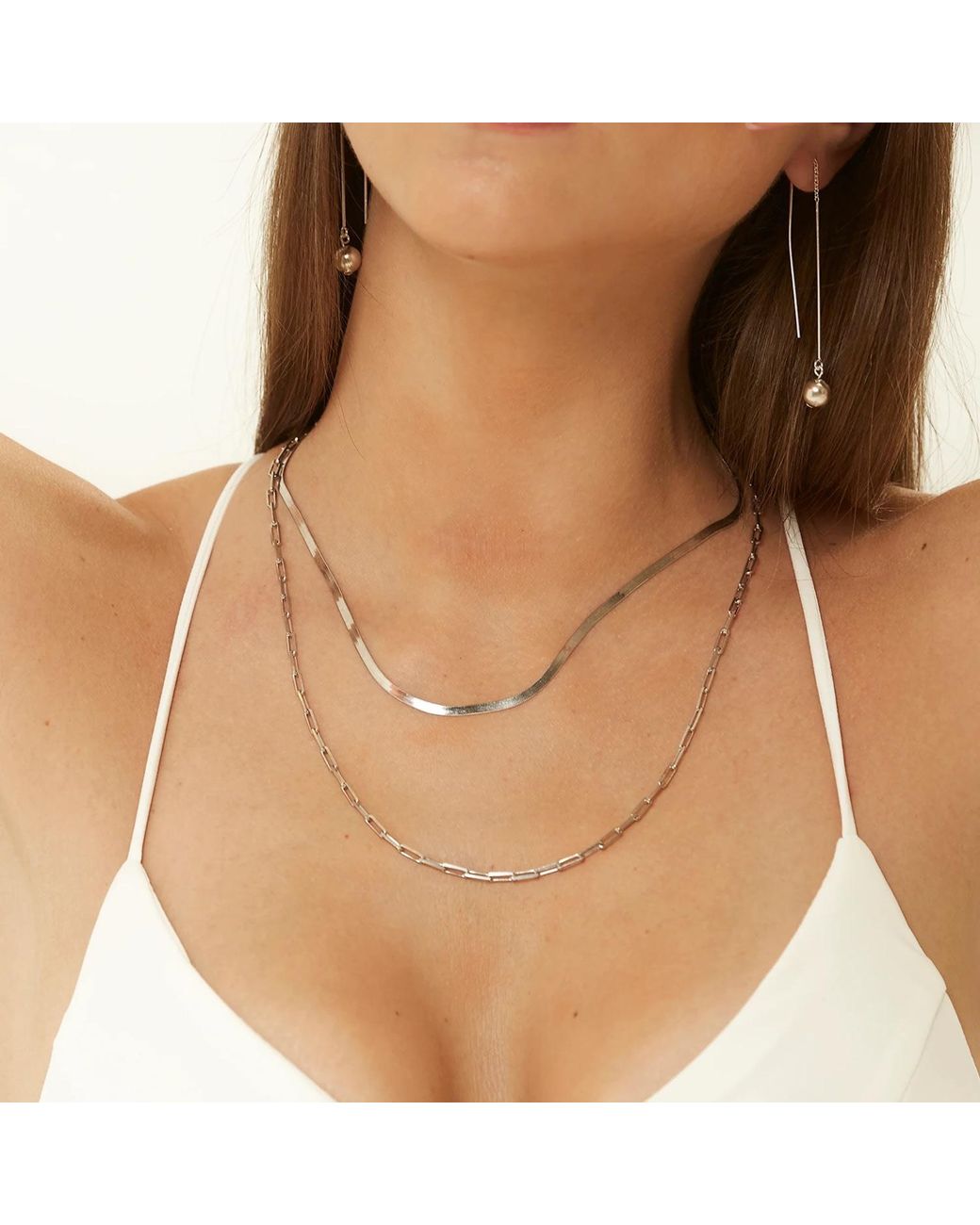 Spero London Metallic Herringbone & Rectangular Sterling Necklace Layering Set