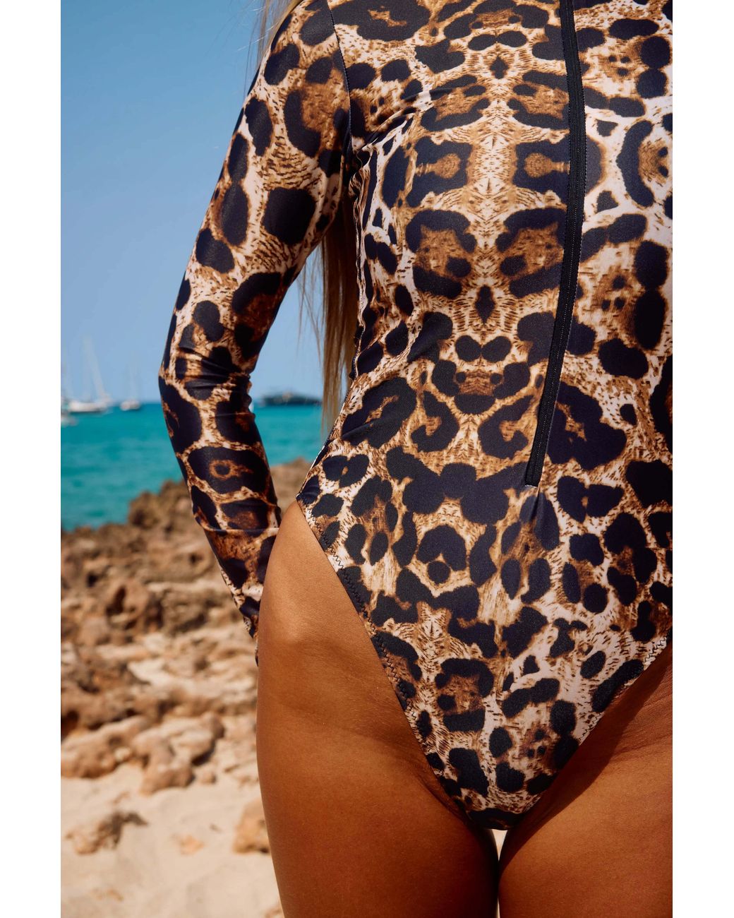 Misari White Leopard Zip One-Piece Swimsuit