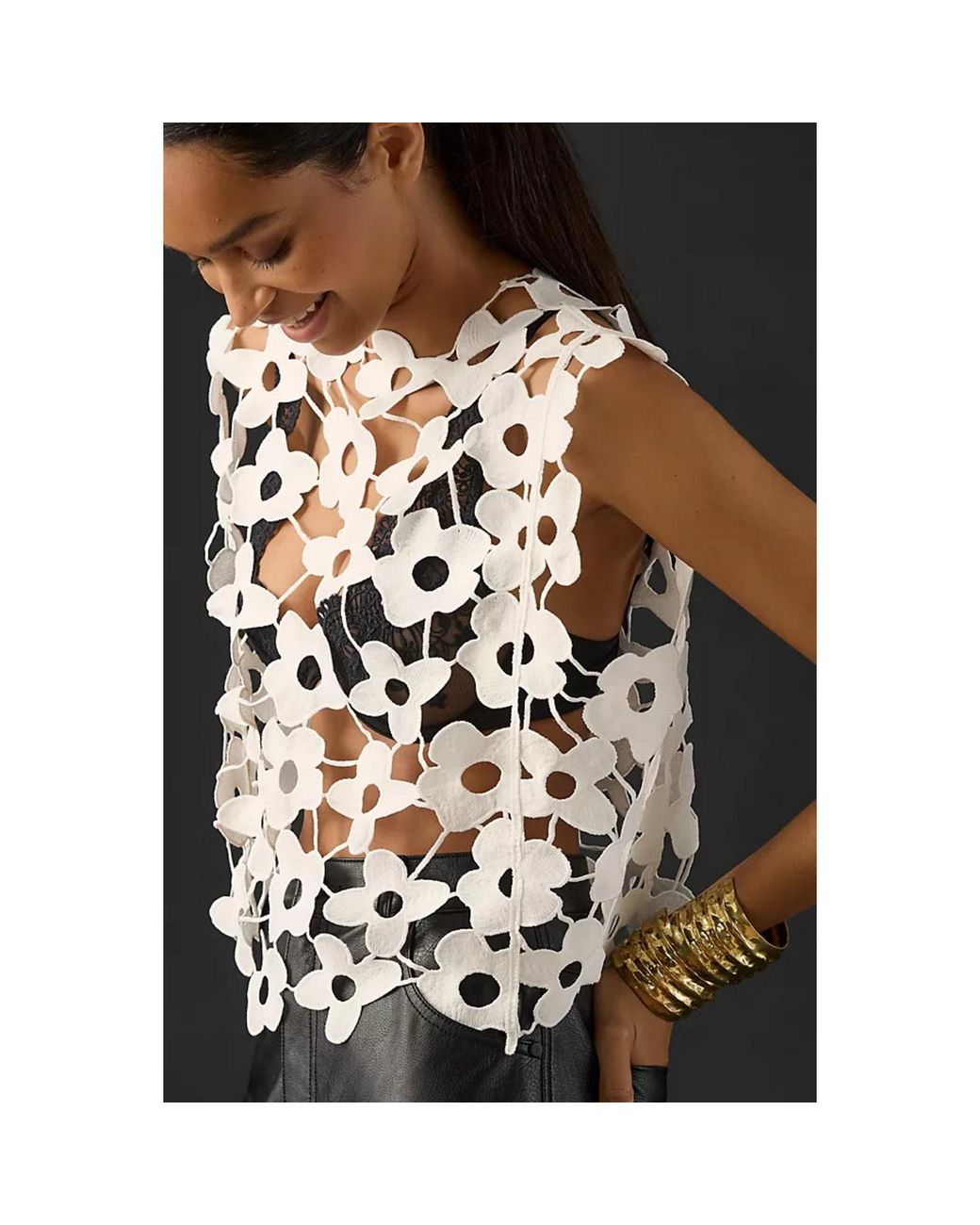 Saachi White Floral Open Knit Vest Top