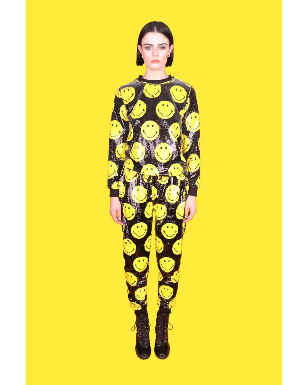 Any Old Iron Yellow Smiley Reversible Sequin Joggers