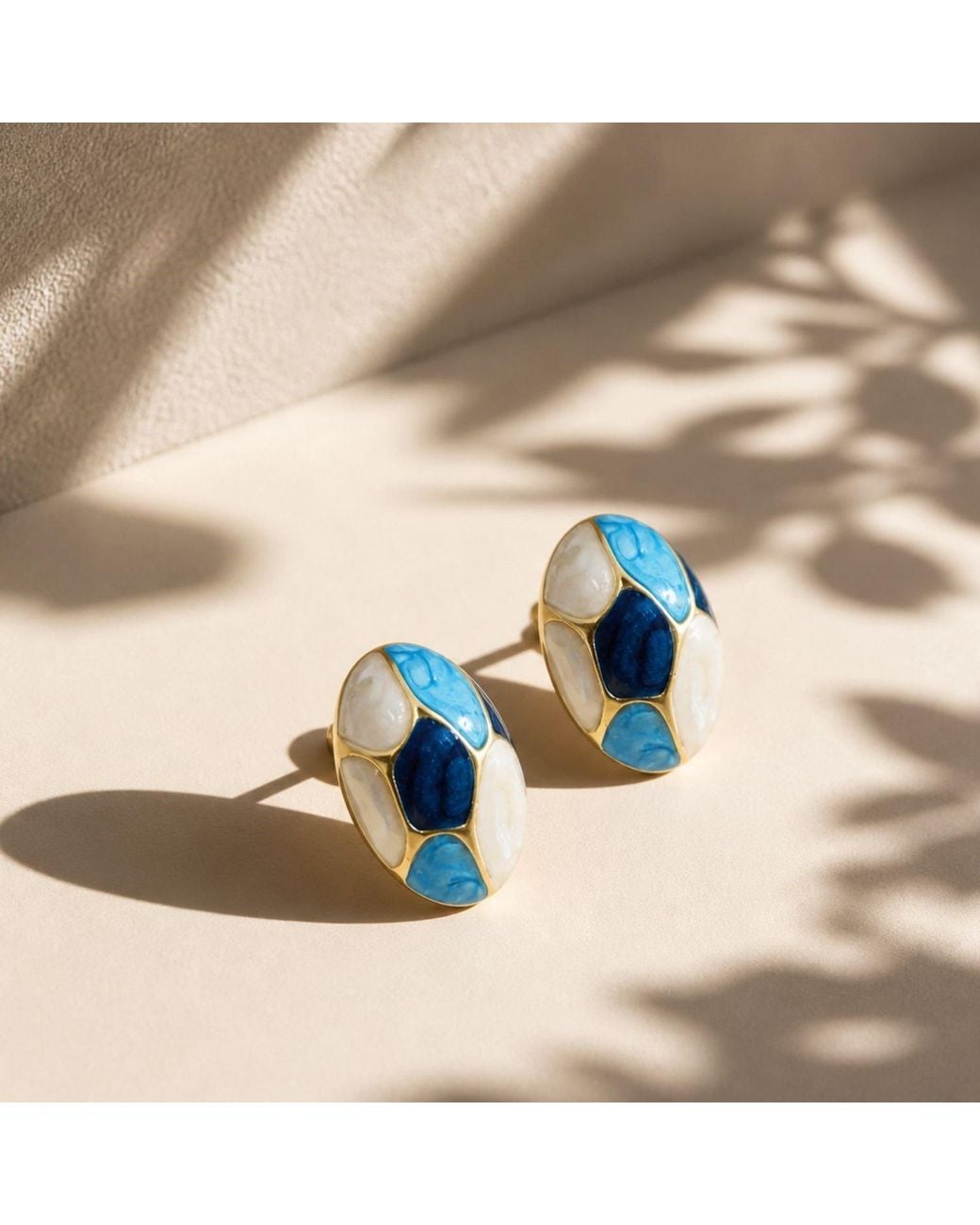 Nuvv Collection Blue Mosaic Enamel Stud Earrings – Plated Statement Piece