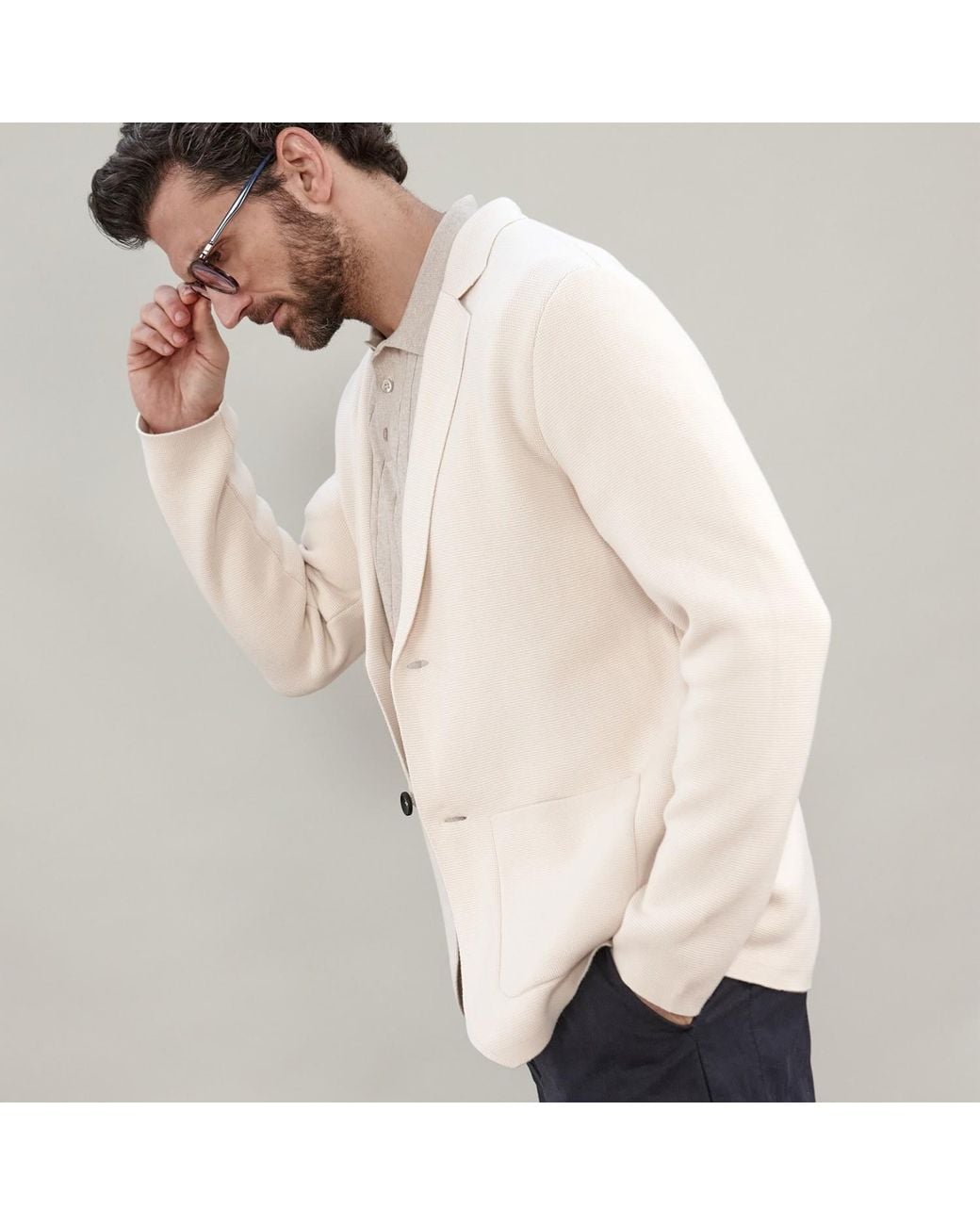 Paul James Knitwear White Neutrals Cotton Deconstructed Knitted Gabriel Blazer for men