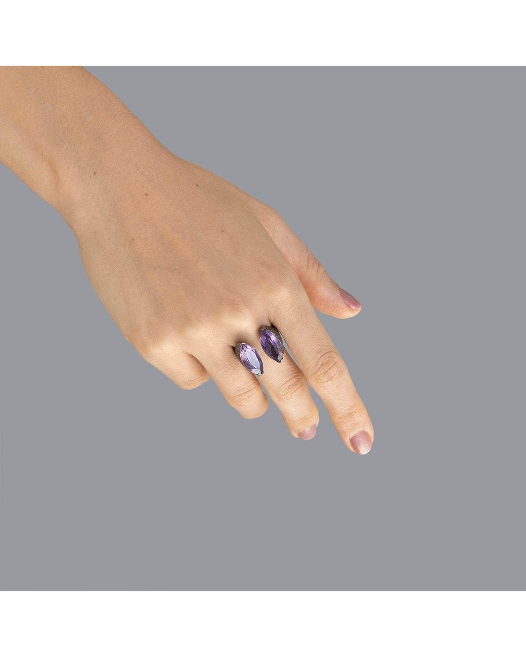 German Kabirski Purple Roones Open Design Blackened Ring With Princess Cut Amethyst