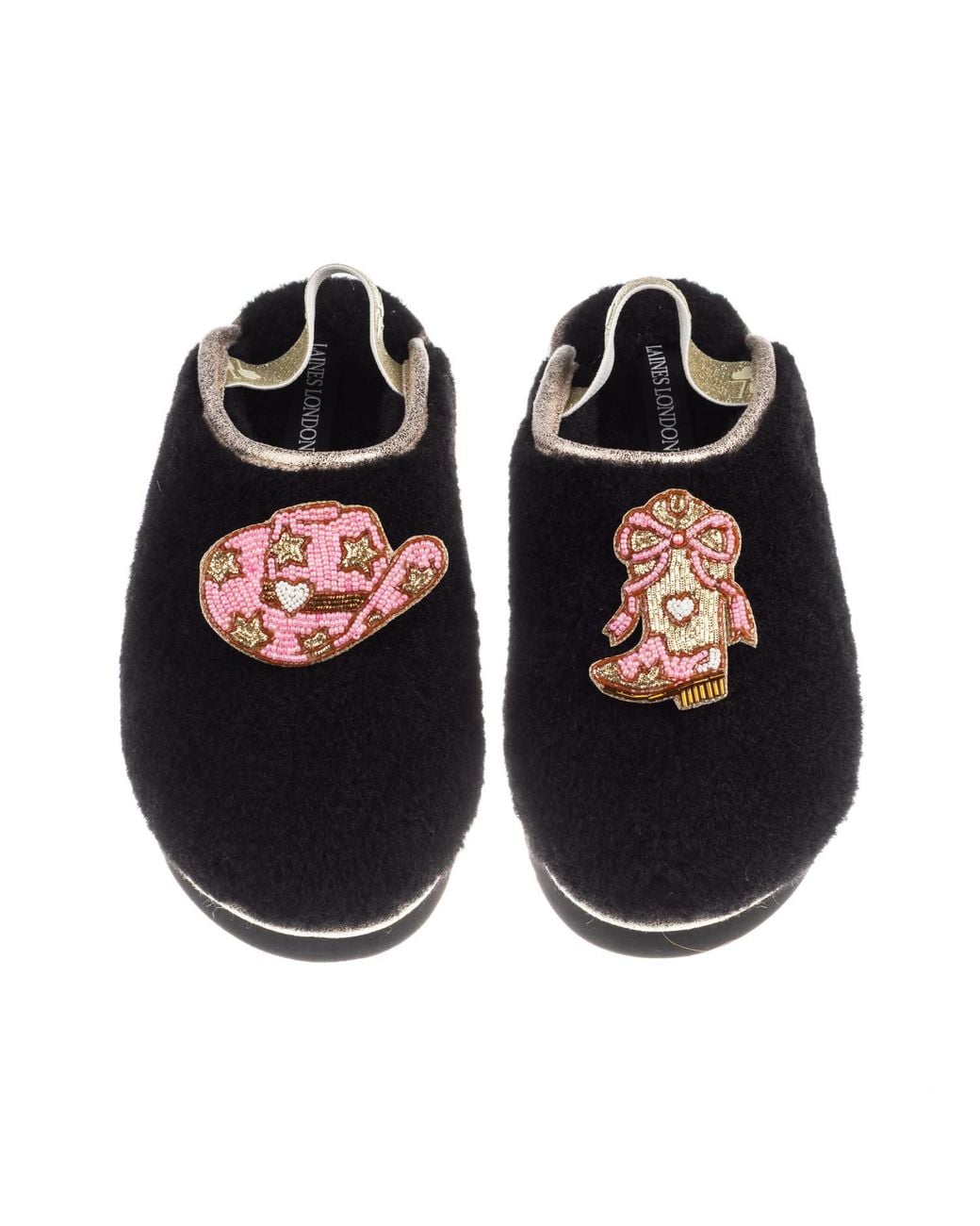 Laines London Black Flatform Cloud Closed Toe Slippers With Cowgirl Hat & Cowgirl Boots Brooches