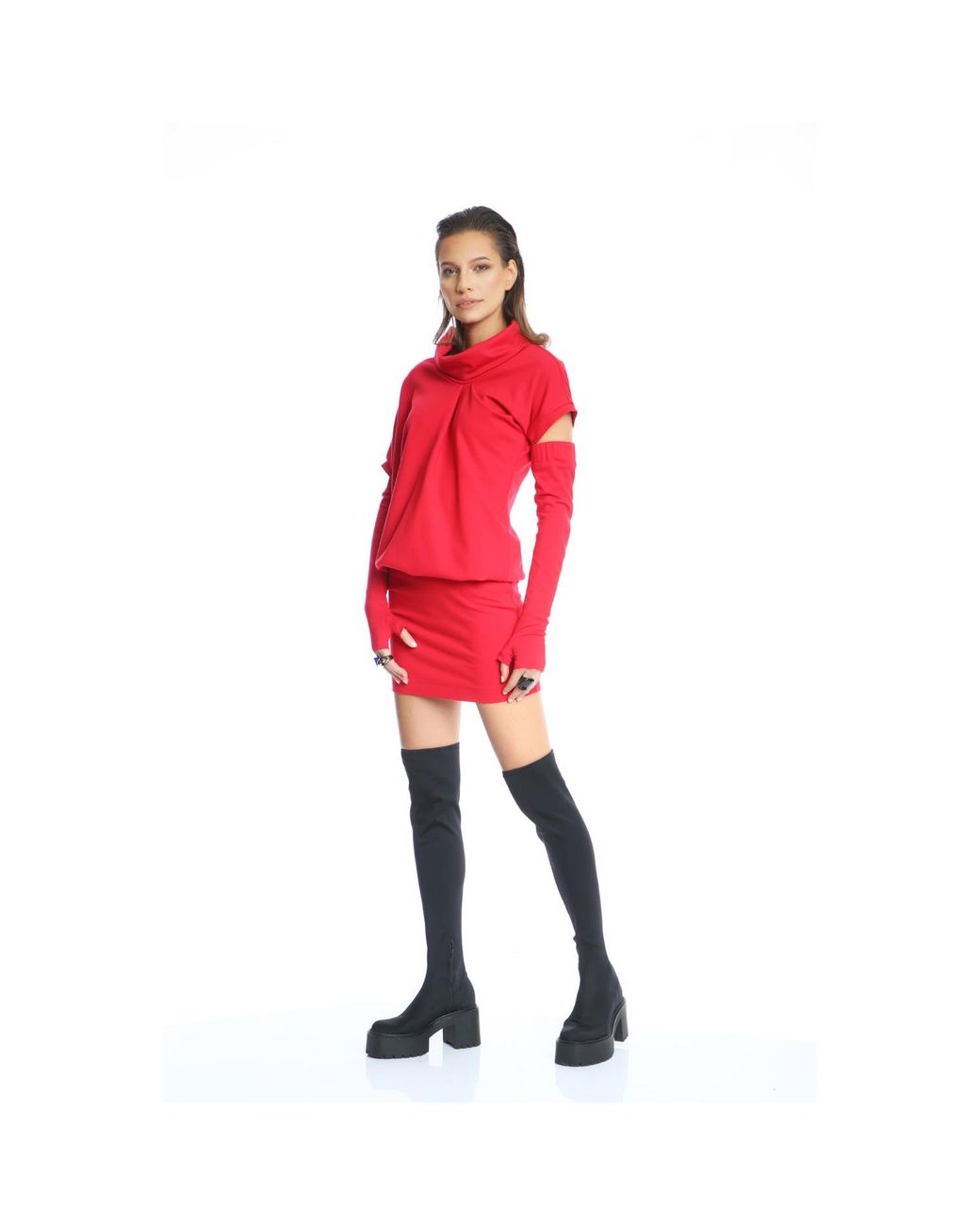 Silvia Serban Red Adjustable Length Dress & Gloves