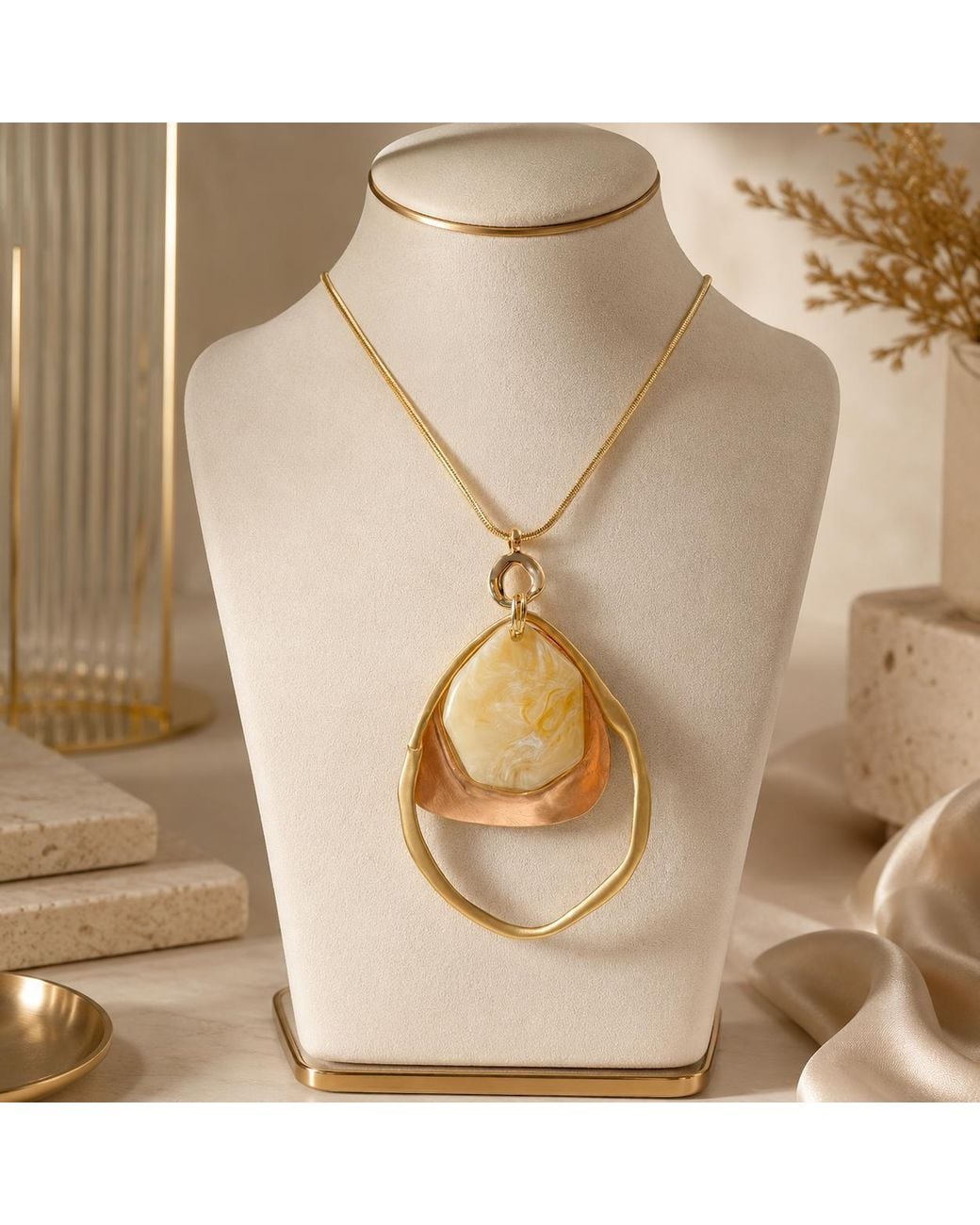 By Ozge Metallic Mother Of Pearl Plated Long Sculptural Statement Pendant Necklace