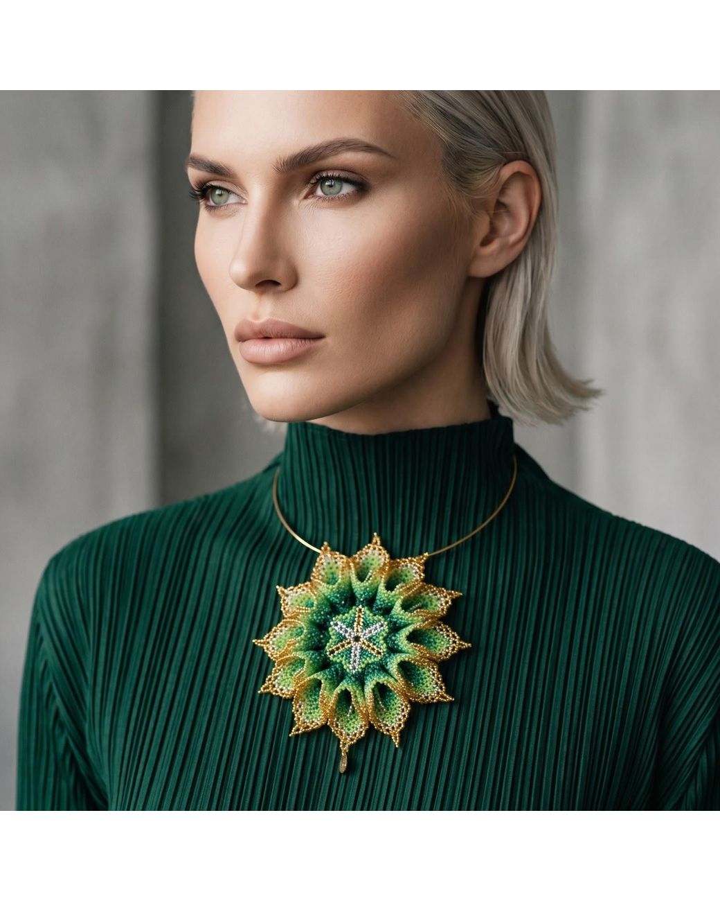 Iliana Arrazola Green Dahlia Flower Choker, Glass Beads, Beaded Jewelry