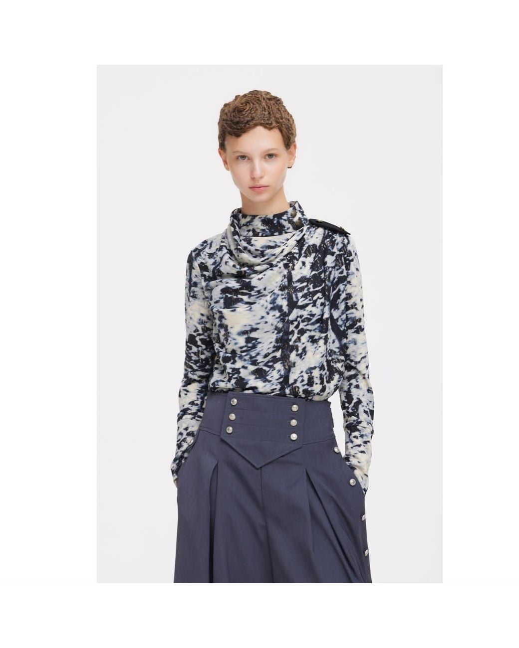 Julia Allert Black Neutrals Tie-Dye Draped Cowl Neck Knit Top – Ivory