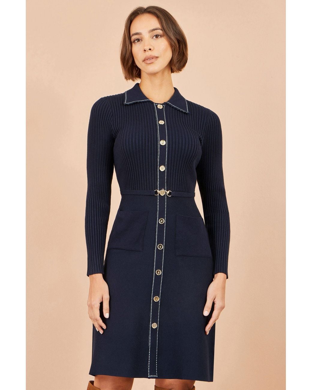 Yumi' Blue Rib Knit Skater Shirt Dress