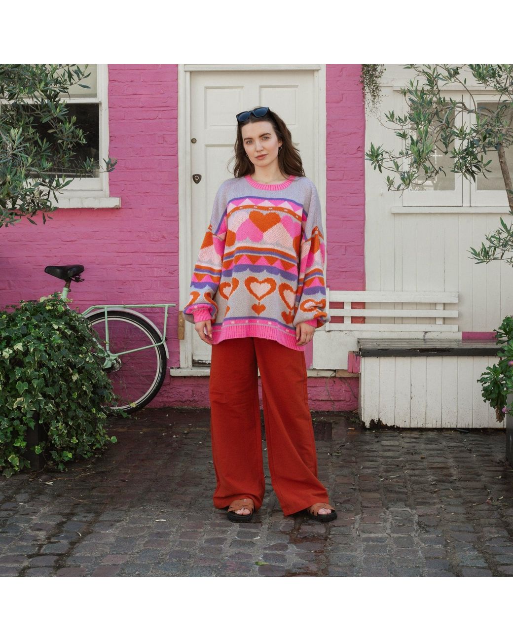 Cara & The Sky Pink Poppy Heart Intarsia Balloon Sleeve Oversized Jumper