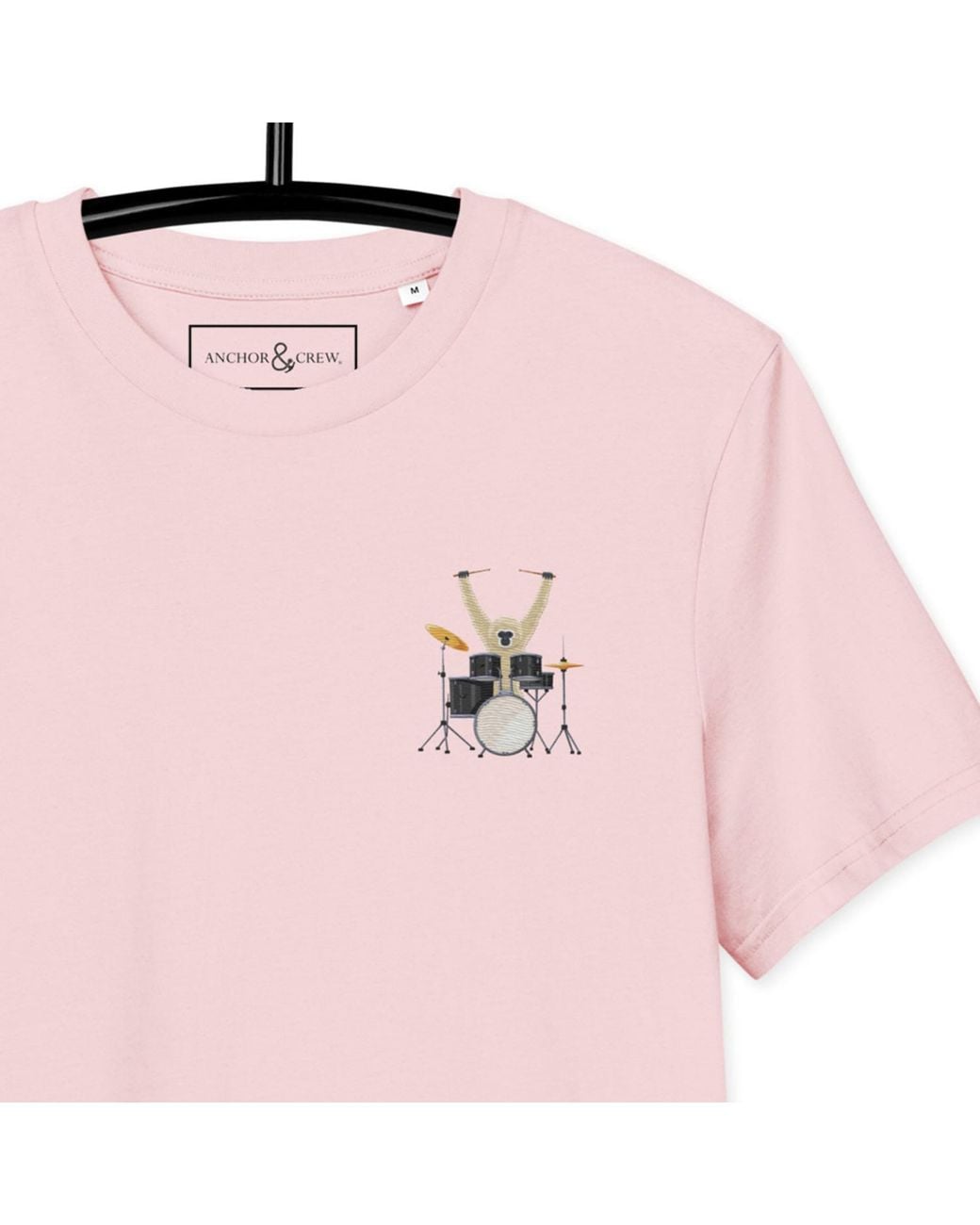 Anchor and Crew Pink Cotton Drummer Monkey Organic Cotton Embroidered T-Shirt