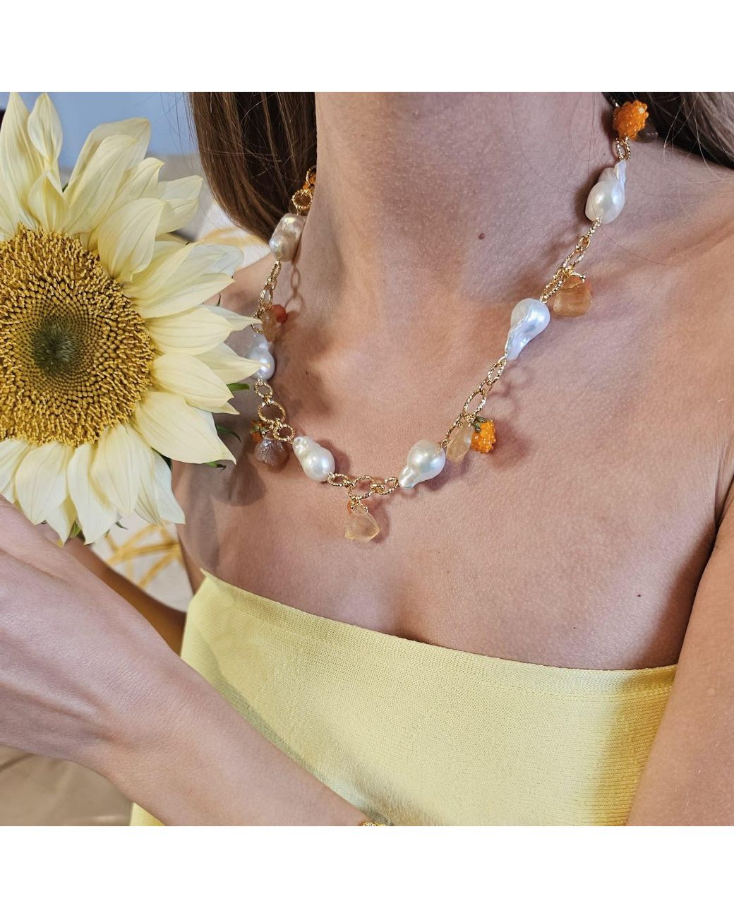 Farra Metallic Garden Floral Baroque Pearl Necklace With Raspberry & Citrine