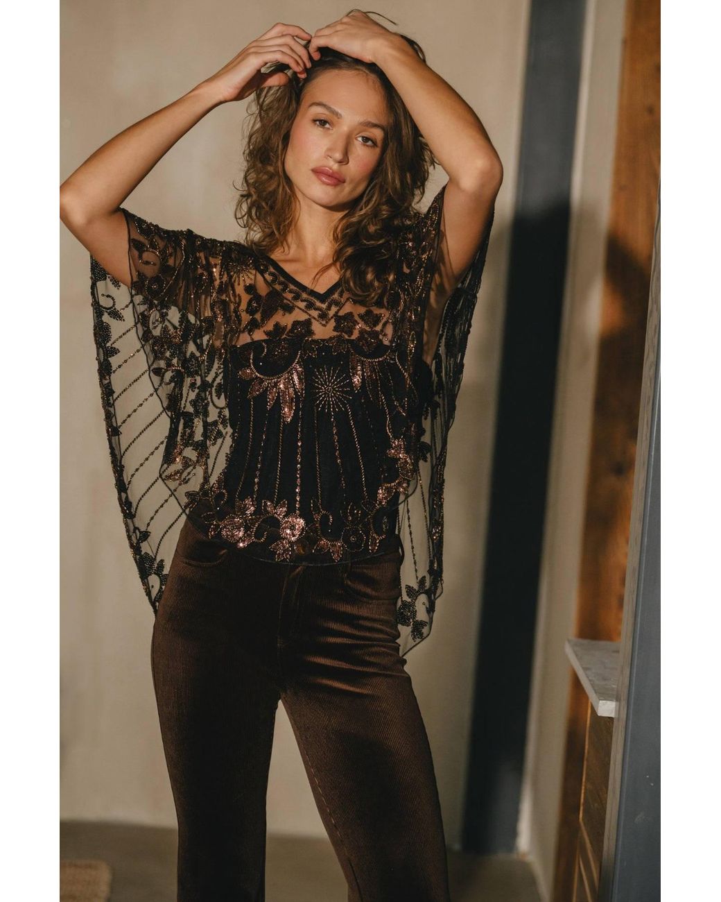 Traffic People Black Rose Talitha's Dream Sheer Bronze Beaded Sequin Poncho Top