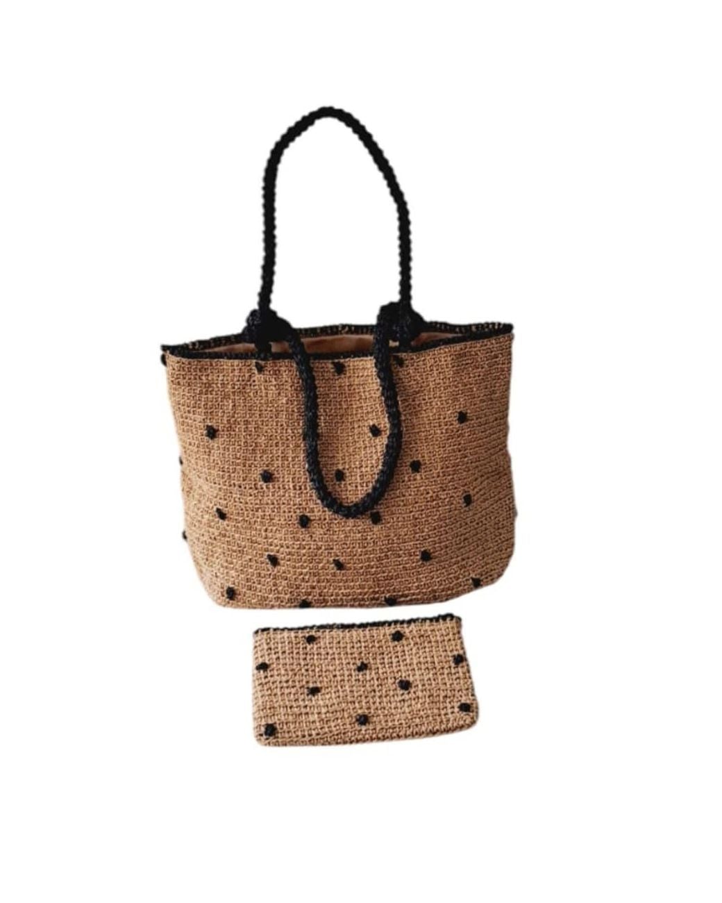 Springmoonatelier Brown Raffia Most Beautiful Polka Dot Beach Bag And Small Clutch Bag