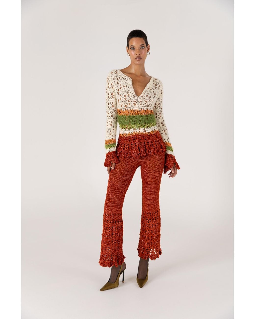 Andreeva Red Chrysanthemum Terracotta Handmade Crochet Pants