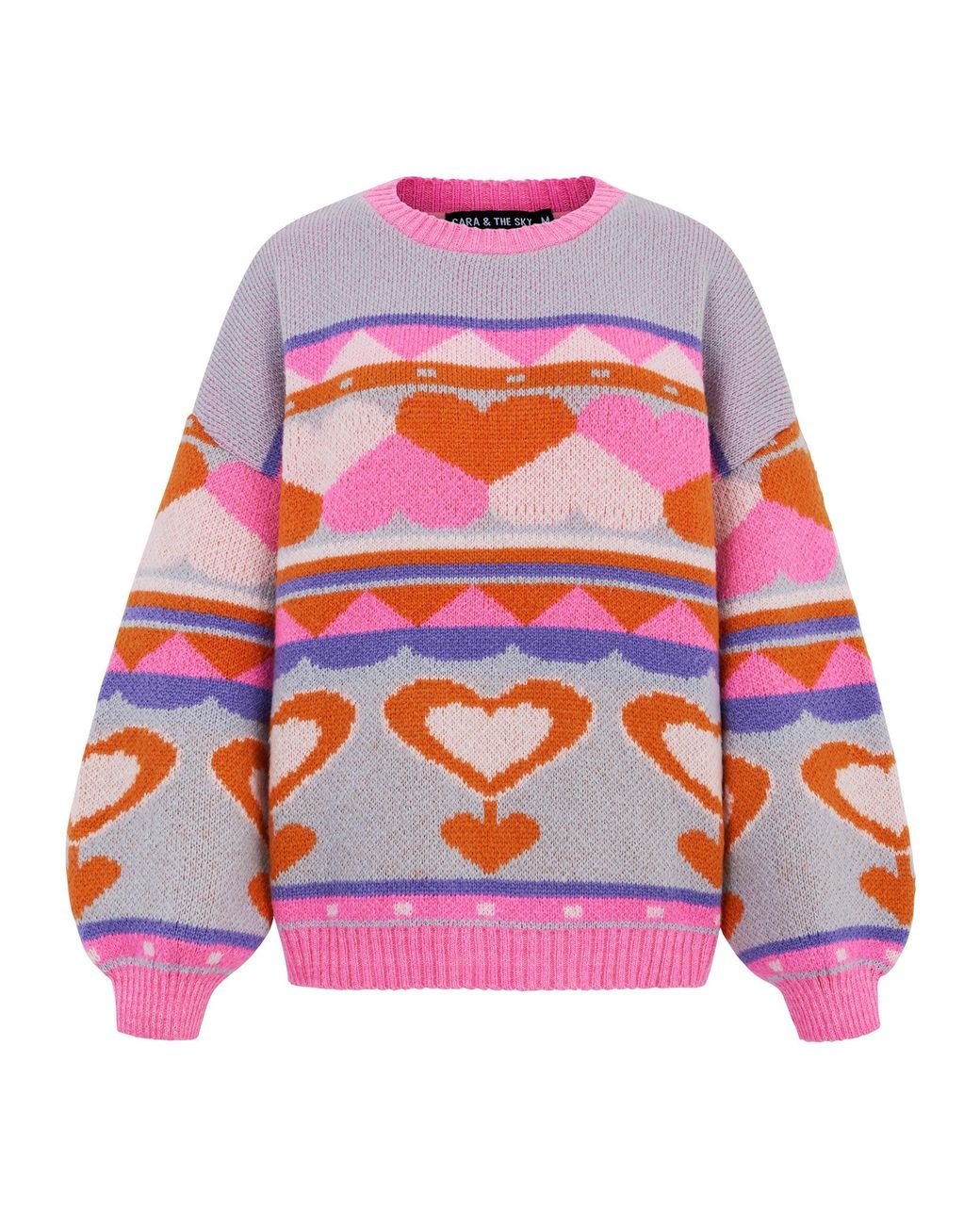 Cara & The Sky Pink Poppy Heart Intarsia Balloon Sleeve Oversized Jumper