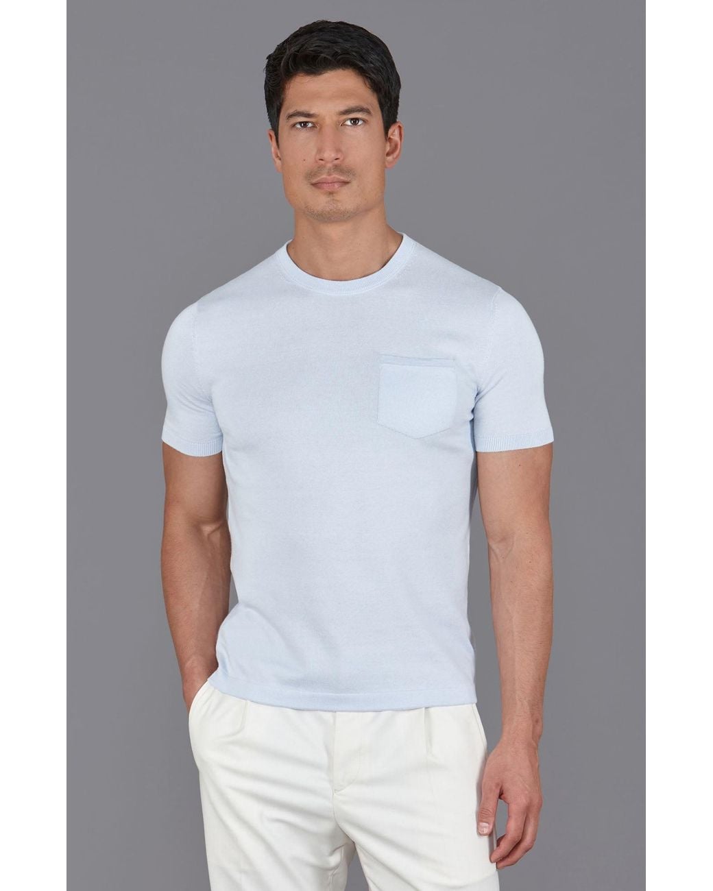 Paul James Knitwear Blue Ultra Fine Cotton Eduardo Knitted Pocket T-Shirt for men