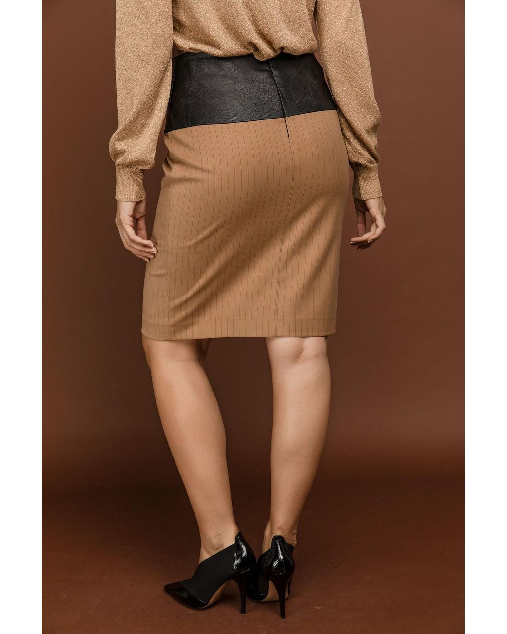 Conquista Brown Camel Striped Pencil Skirt By Si Fashion