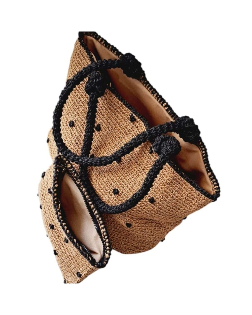 Springmoonatelier Brown Raffia Most Beautiful Polka Dot Beach Bag And Small Clutch Bag