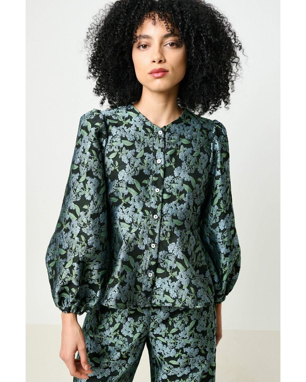 Louche Green Clementine Blossom Jacquard Peplum Blouse