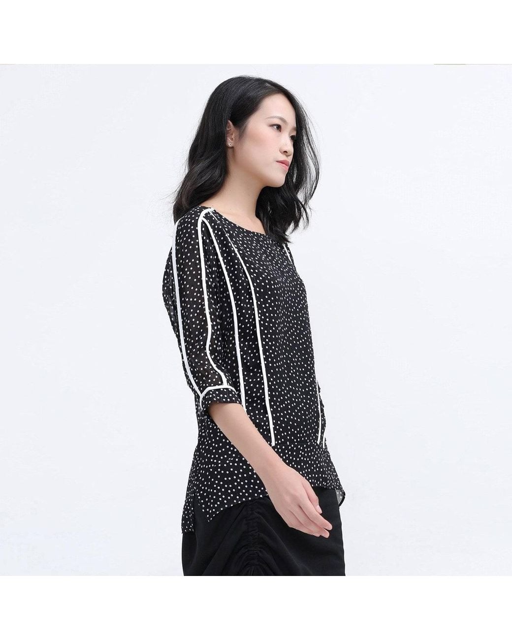 Smart and Joy Black Chambray Blouse With Polka Dots