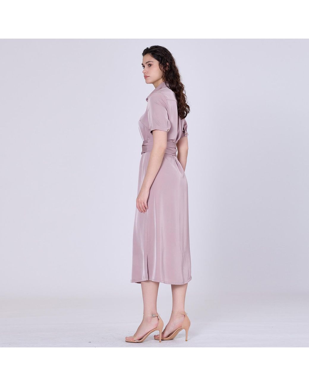 Smart and Joy Purple Mat Satin Midi Shirt Dress