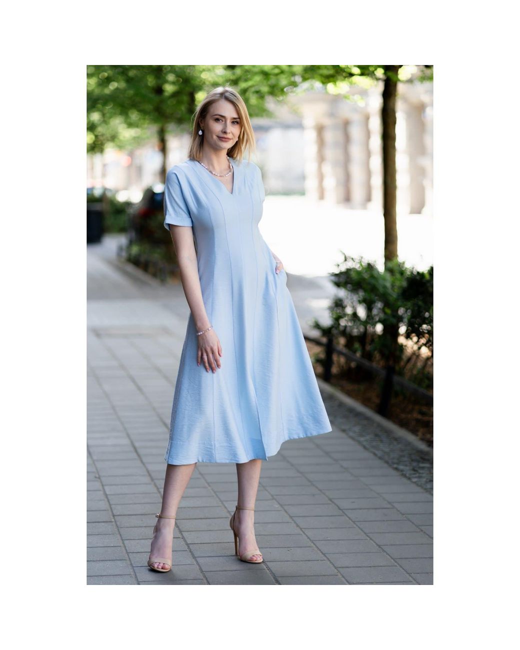 Oh!Zuza Blue Echo Viscose Midi Dress Short Sleeve With Pockets