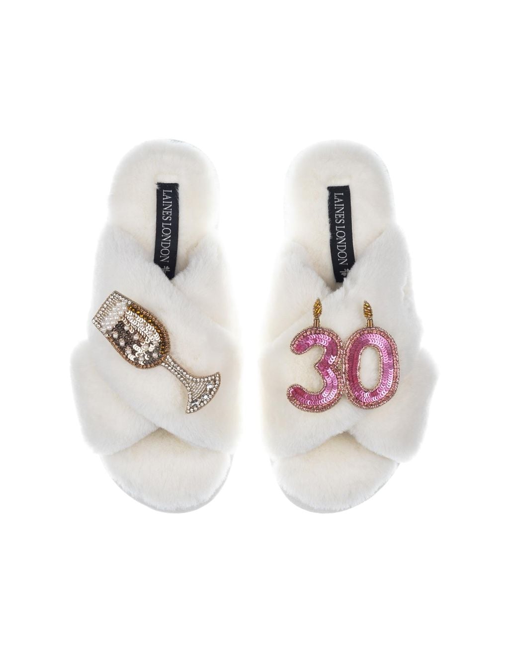 Laines London White Classic Laines Slippers With 30Th Birthday & Champagne Glass Brooches