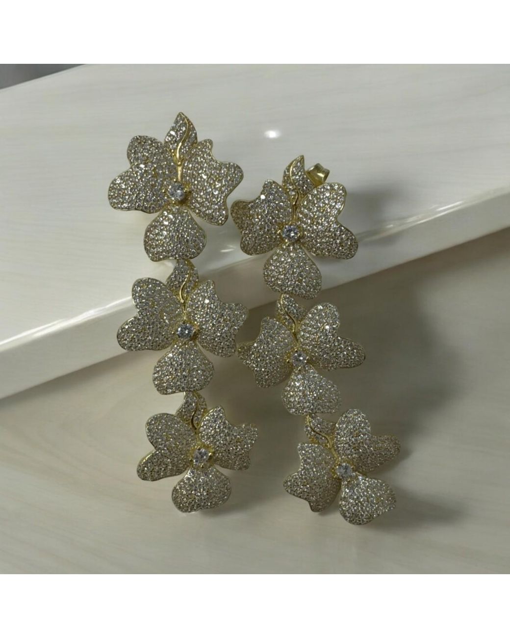 Latelita London Metallic Jasmine Flower Triple Drop Earrings Gold