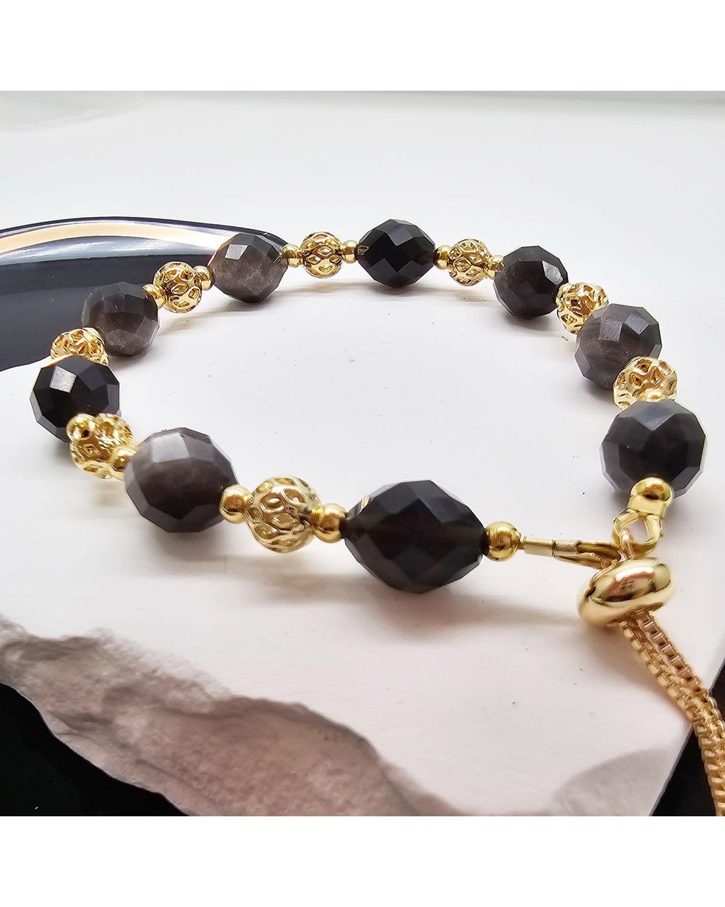 Farra Black Romantic Style Oval Obsidian Adjustable Bracelet