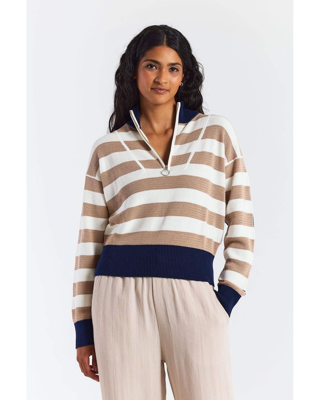 Brodie Cashmere Blue Mesh Stripe Half Zip