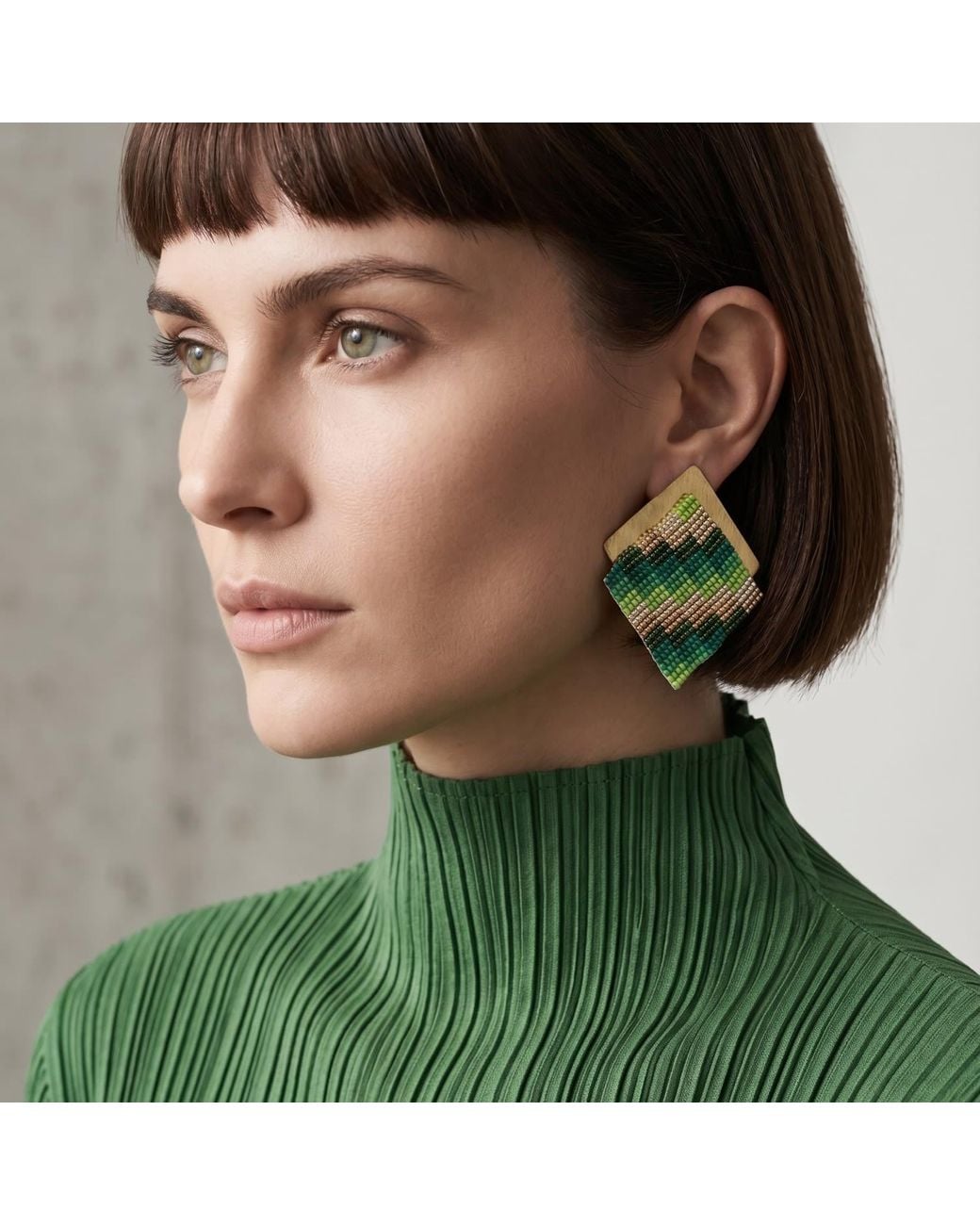 Iliana Arrazola Green Minimalist Deconstructed Knot, Hoop Earrings, Glass Beads, Beaded Jewelry