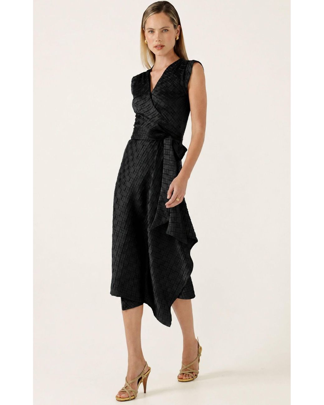 SACHA DRAKE Black Crown Textured Satin Midi Wrap Dress