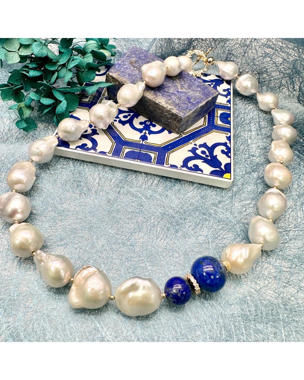 Farra Blue Baroque Pearls With Lapis Chunky Necklace