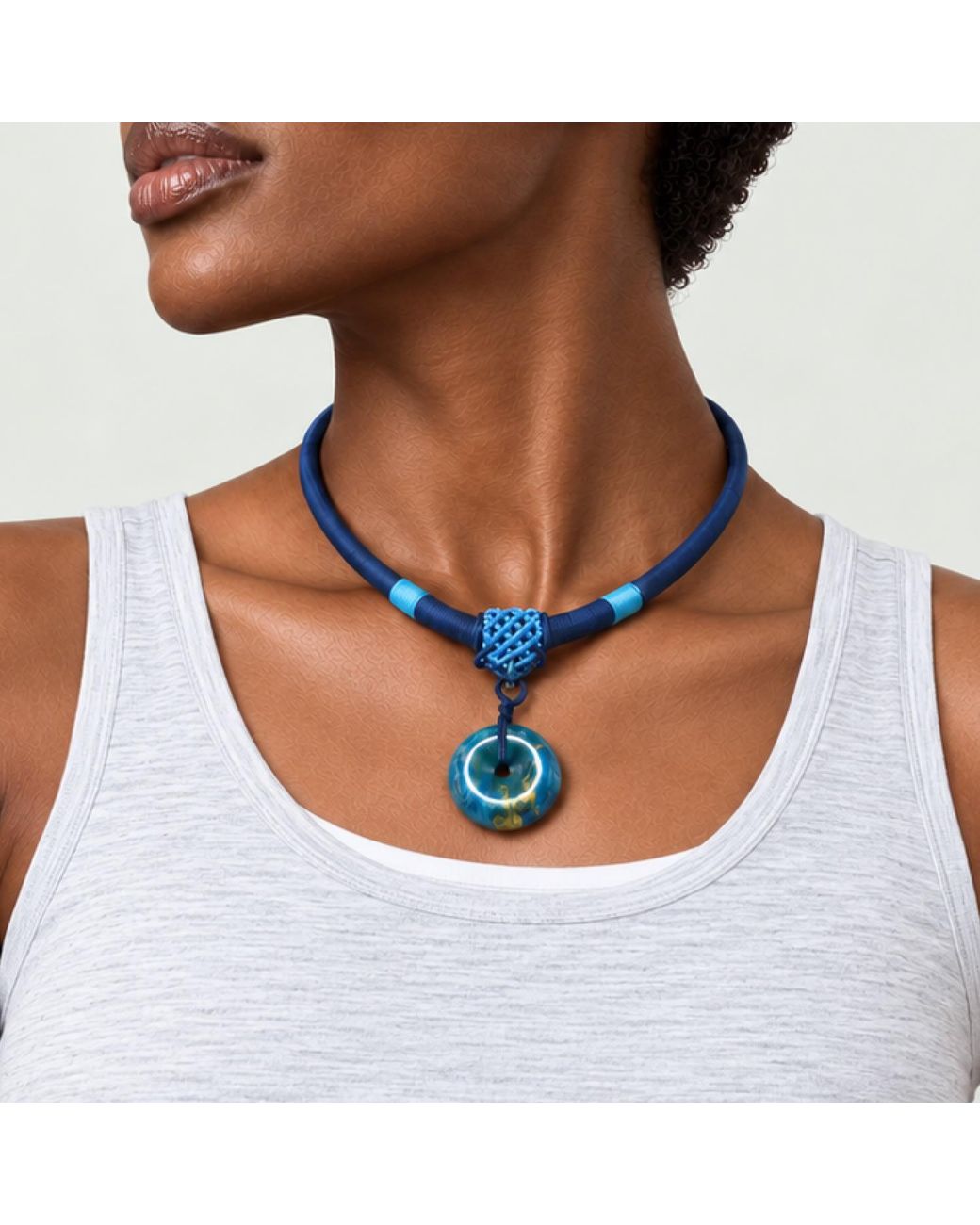 Yieon Blue Starry Lacquered Sandalwood Peace Buckle Pendant Necklace