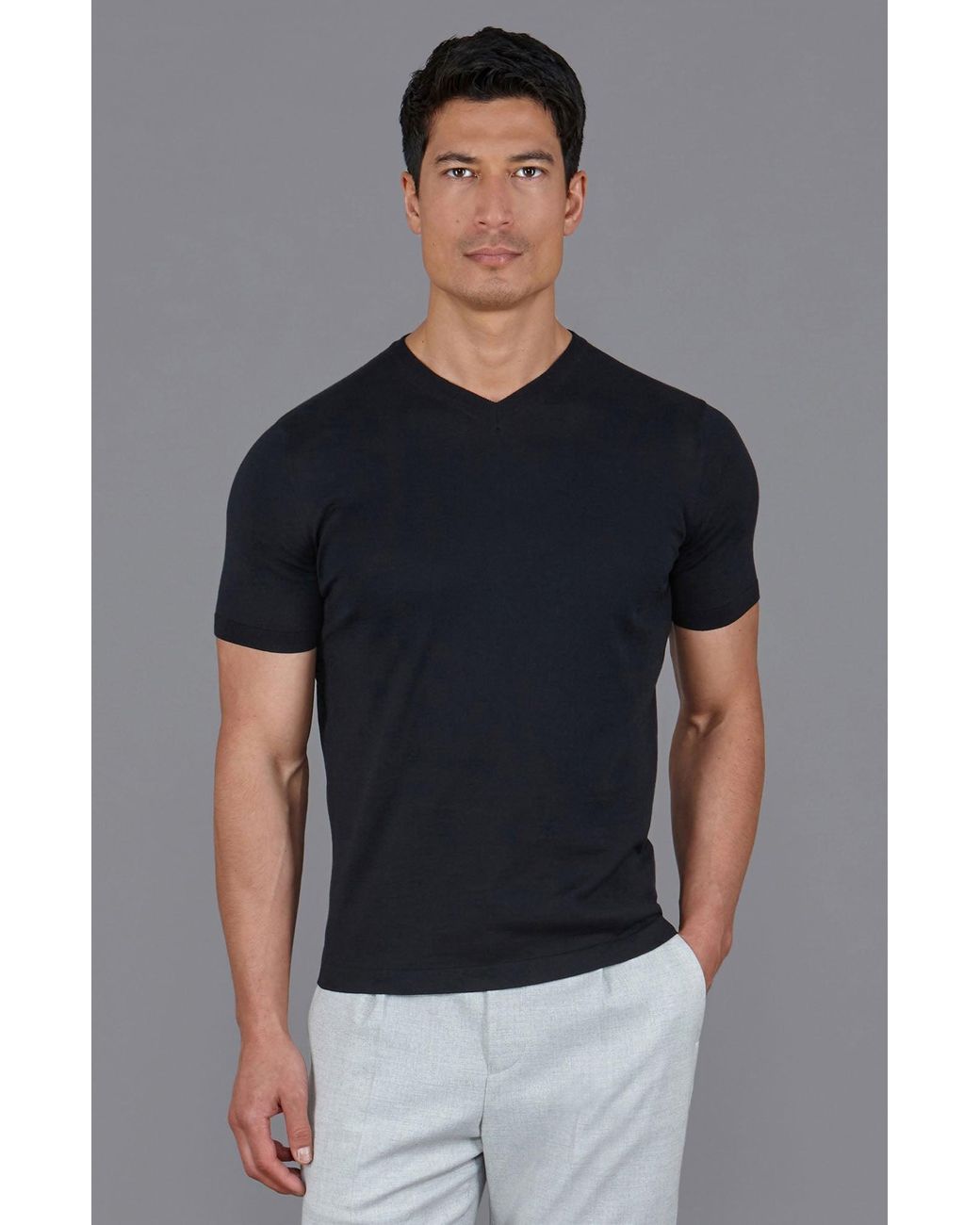 Paul James Knitwear Black Superfine Mercerised Cotton Adriano V Neck Knitted T-Shirt for men