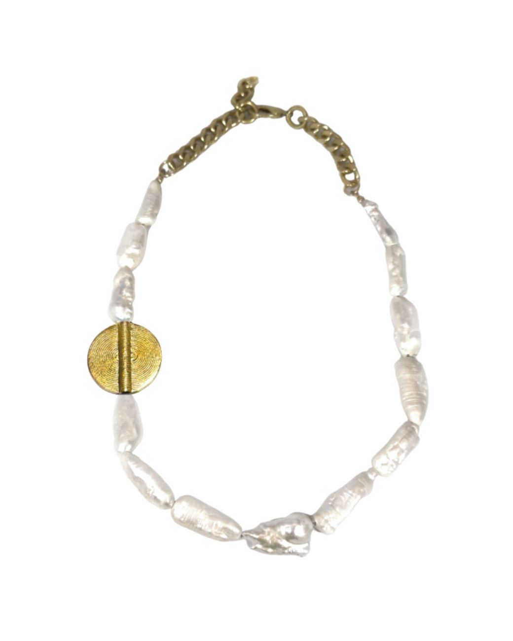 Rachel Nathan Metallic Neutrals Biwa Pearl & Brass Medallion Necklace