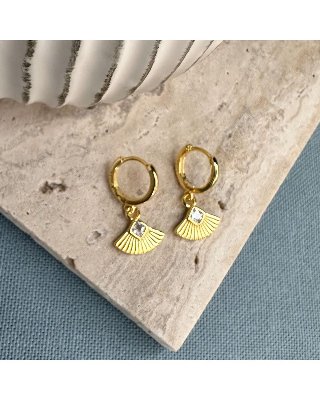 Clemence Wren Metallic Art Deco Gemstone Fan Charm Huggie Earrings