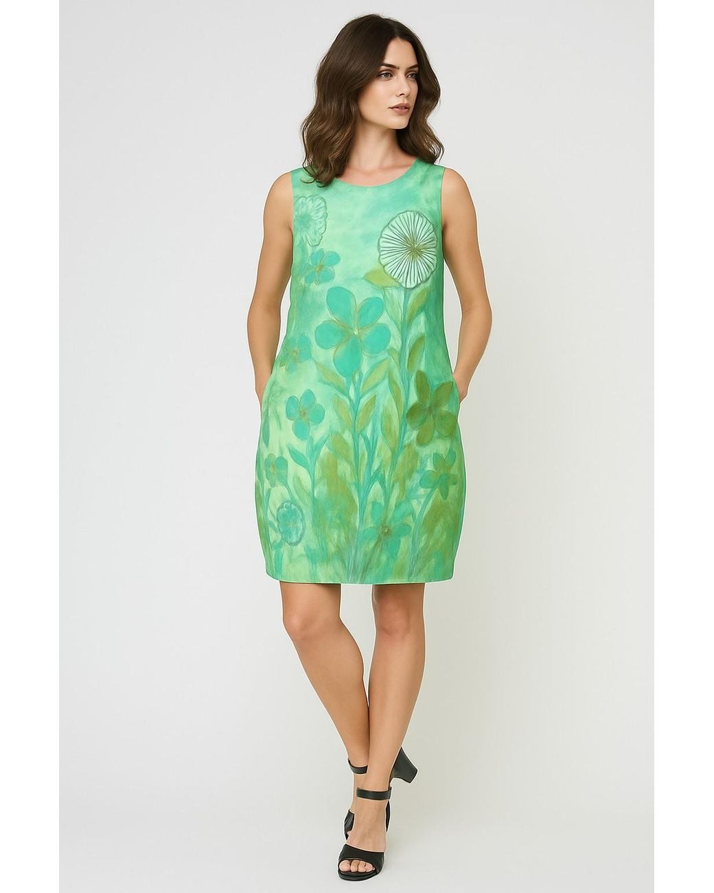 Conquista Green Floral Light Voile Sleeveless Dress With Pockets