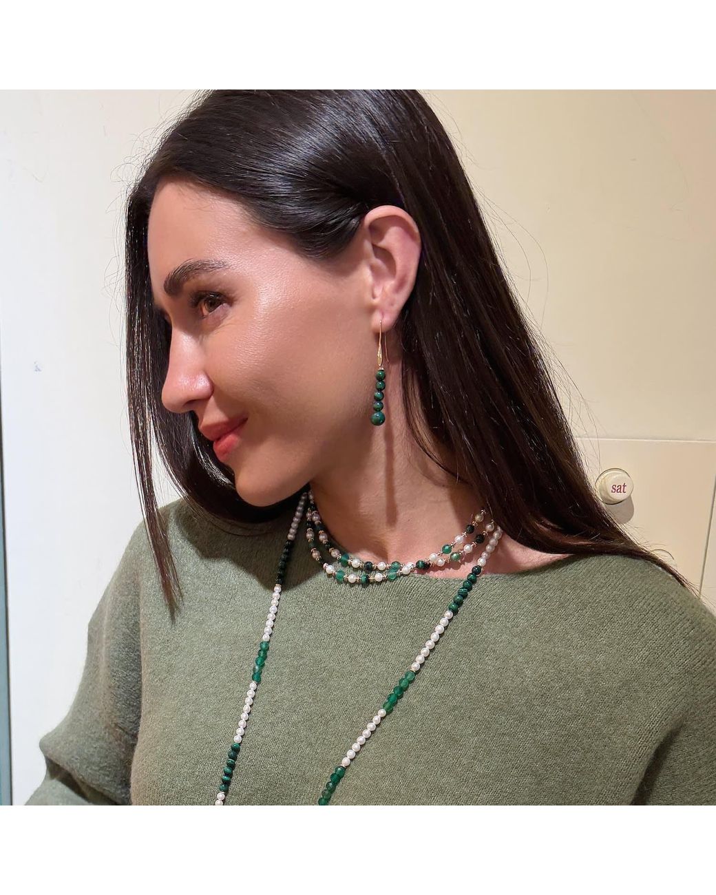 Farra Green Malachite Beaded Threader Earrings