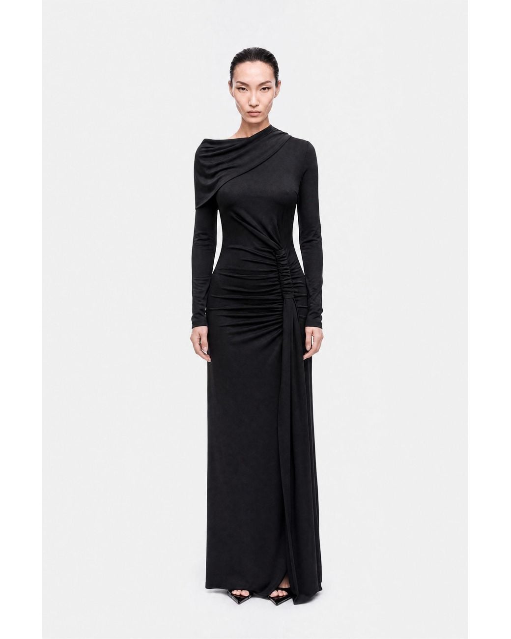 Nocturne Black Asymmetric Neck Draped Maxi Dress
