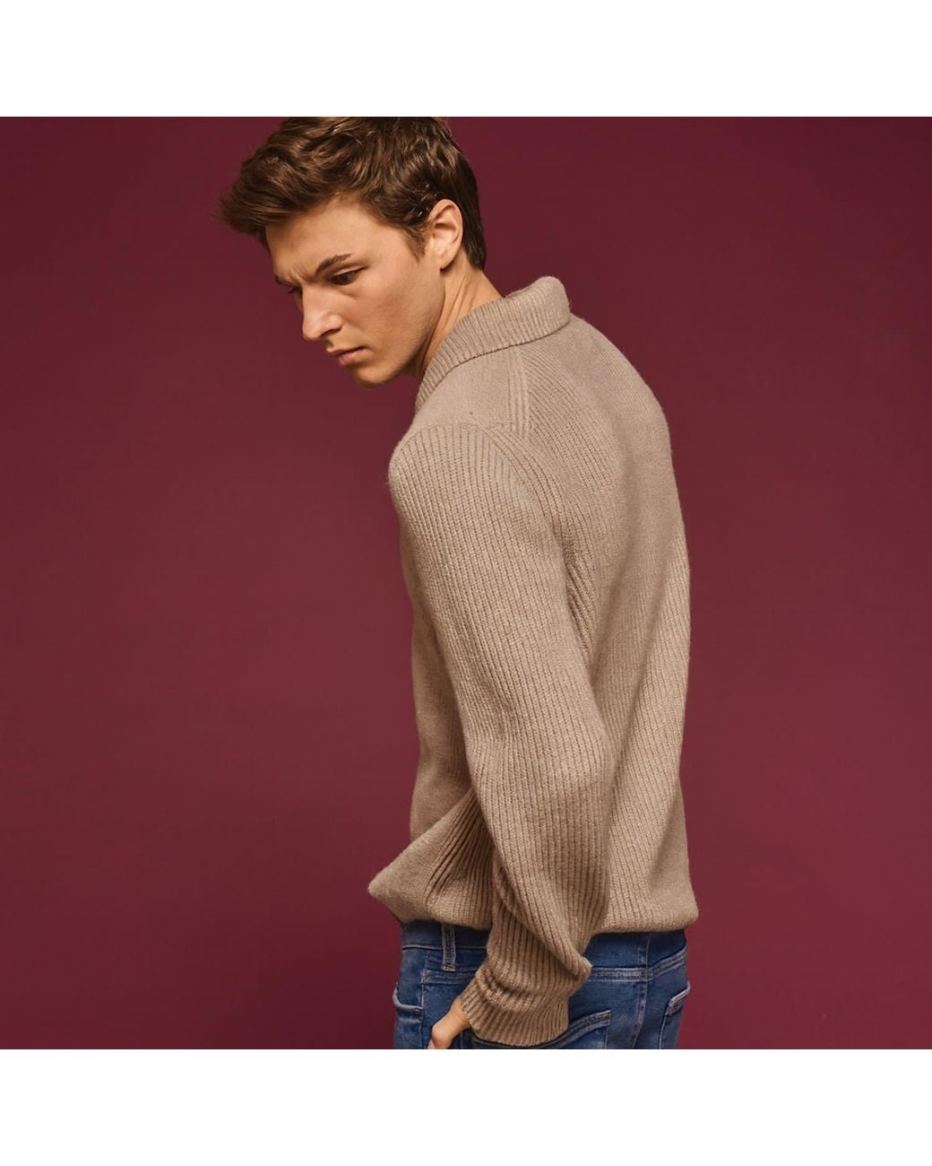 Salts Cashmere Gray Neutrals Polo Sweater With Fishermens Rib Detailing